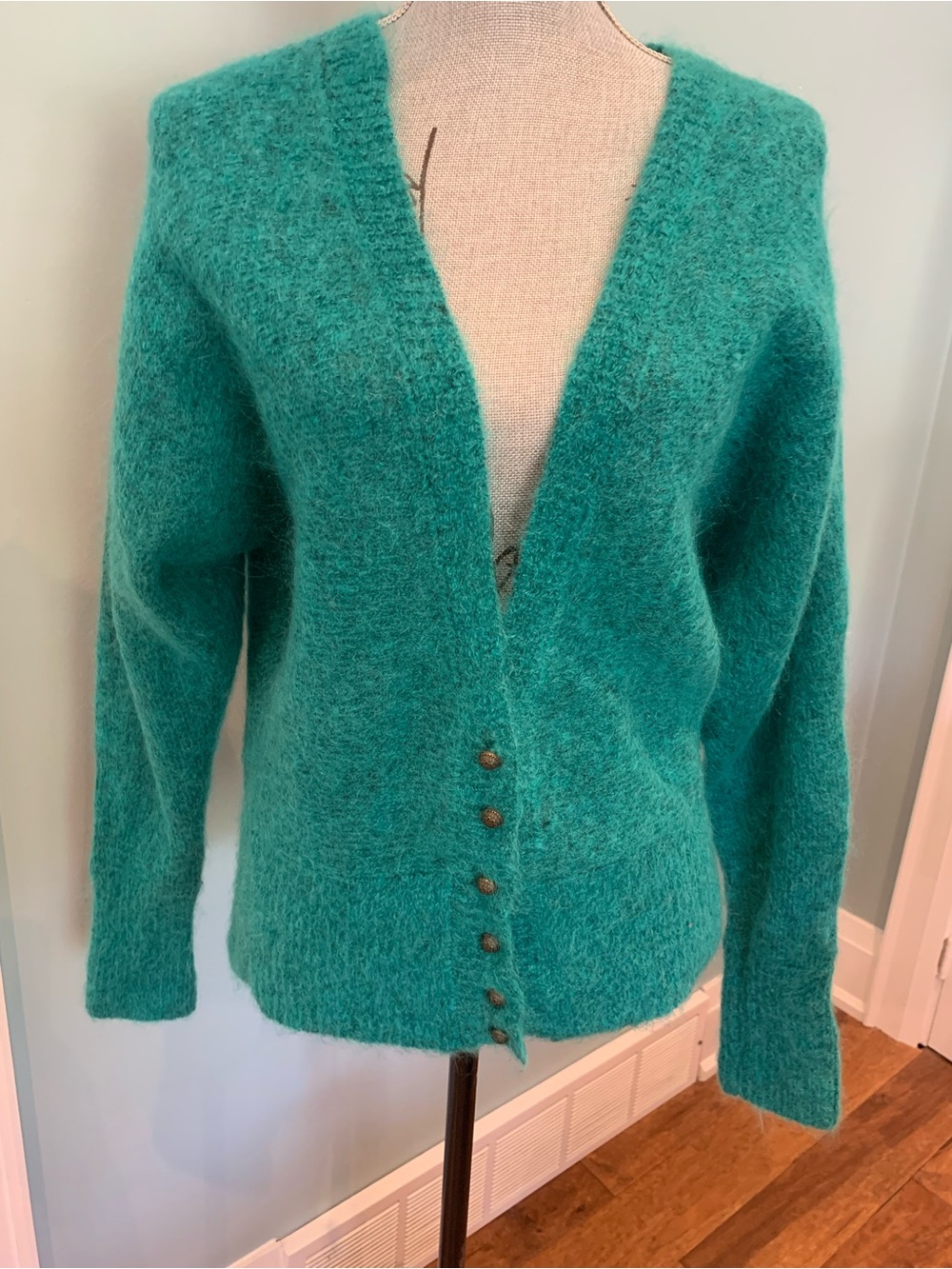 Free People Teal Mohair Button-Up V-Neck Cardigan